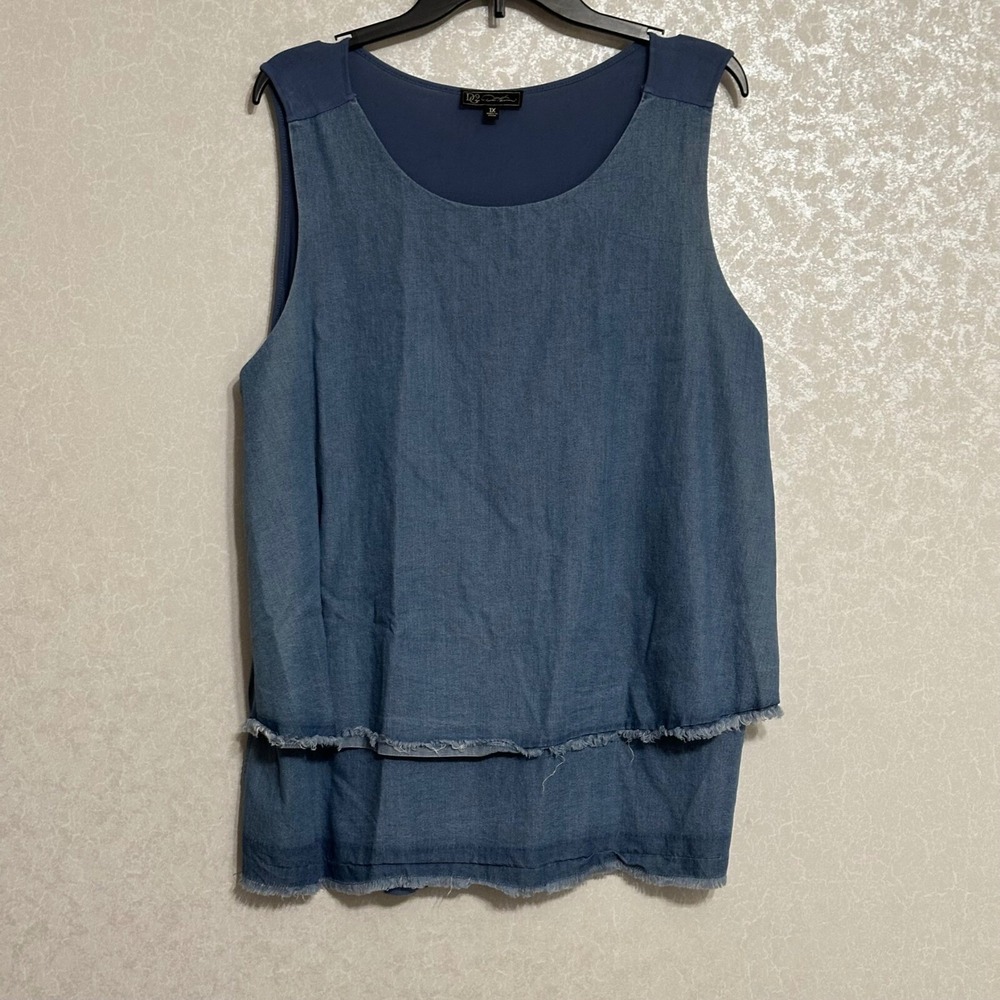 DG2 Diane‎ Gilman Softcell Easy Tank Top Layered Blue Denim Shirt Frayed Hem 1X